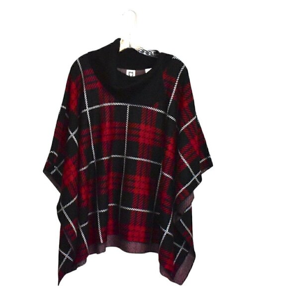 Anne Klein Poncho Pullover Red And Black Plaid Sweater Cape Shawl Size L - Picture 3 of 13